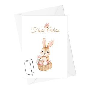 Grußkarten Ostern mit Umschlag | Hochwertige Klappkarte Osterkarte | Ideale Größe DIN A6 | 120g | Made in EU (Hase mit rundem Ei)