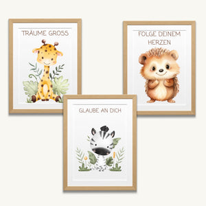 Lemina Affirmationsposter Kinder Bilder Kinderzimmer DIN A4 (21x30cm) Poster 3er Set Wanddeko Babyzimmer Deko Tierbilder (Frech Wild Wunderbar)