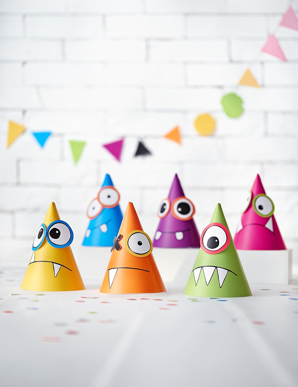 PartyDeco - 6 bunte Kegelmütze, personalisierbar, Monster