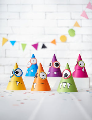 PartyDeco - 6 bunte Kegelmütze, personalisierbar, Monster