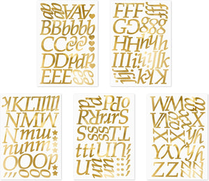 PartyDeco Buchstaben Aufkleber 5 Bögen 143 Buchstaben 25 Zeichen - Sticker zum Beschriften, Basteln und Dekorieren - Gold