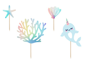 Caketopper-Narwal-Mix-10-15.5cm-1-VPE-4-Stk-PartyDeco-Lemina