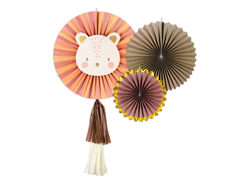 Deko-Rosetten-Loewe-Mix-26-43cm-3Stk-PartyDeco-Lemina