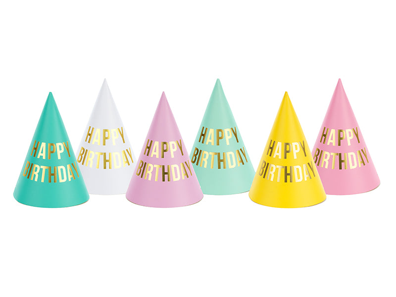 Partyhuete-Happy-Birthday-mix-16cm-1-VPE-6-Stk-PartyDeco-Lemina